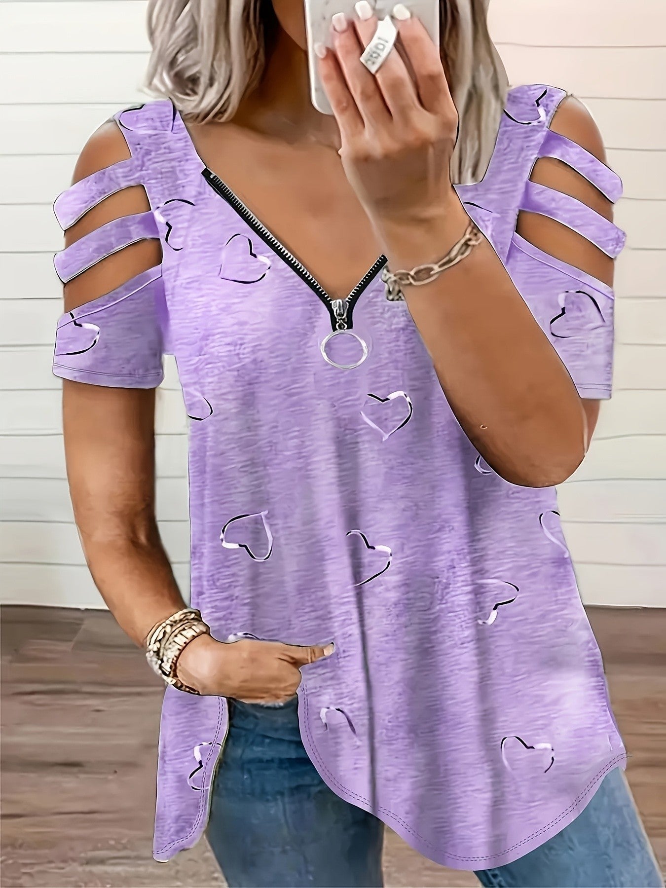 Caelia Zipper Heart Off-Shoulder Tee