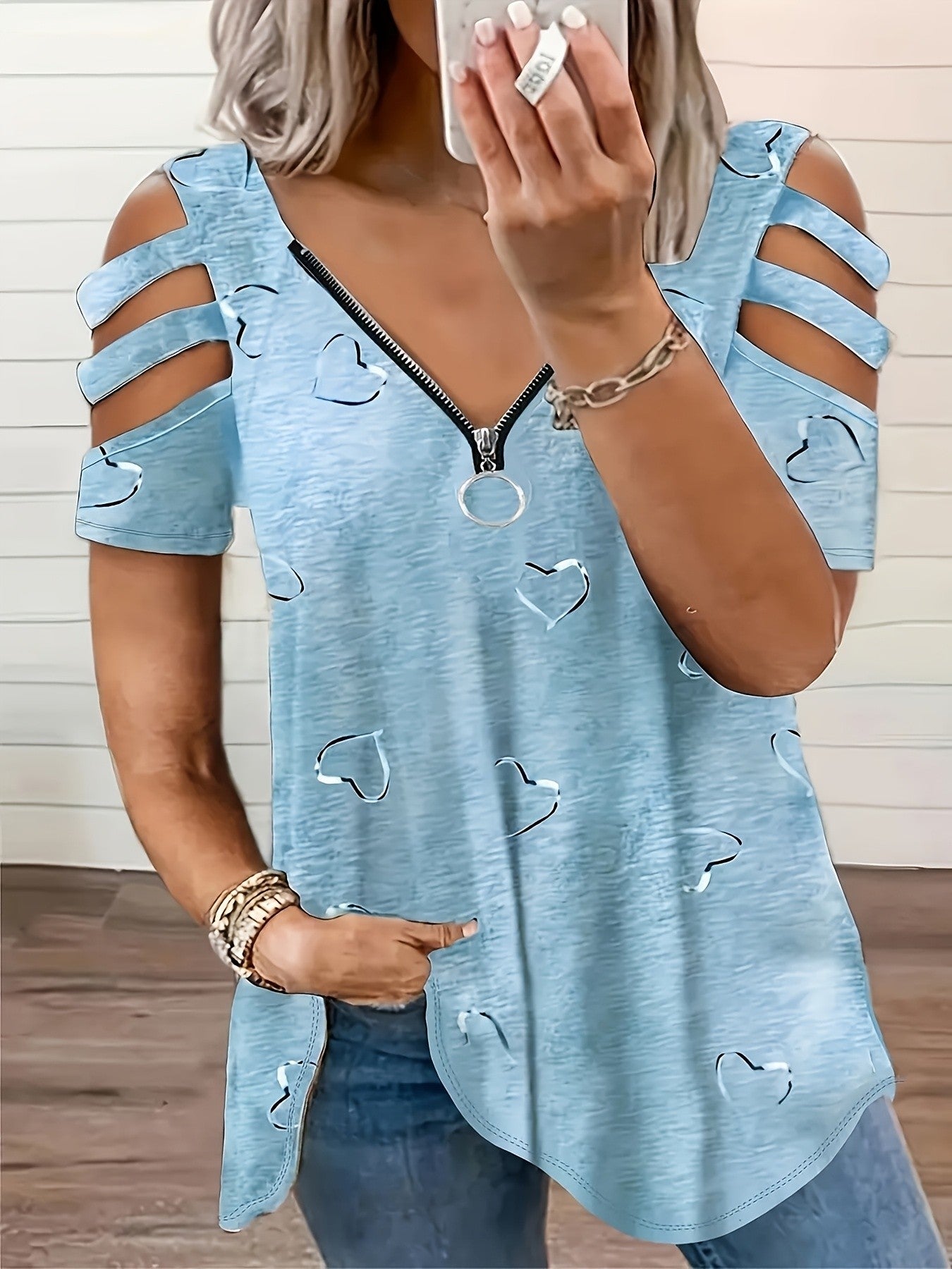 Caelia Zipper Heart Off-Shoulder Tee