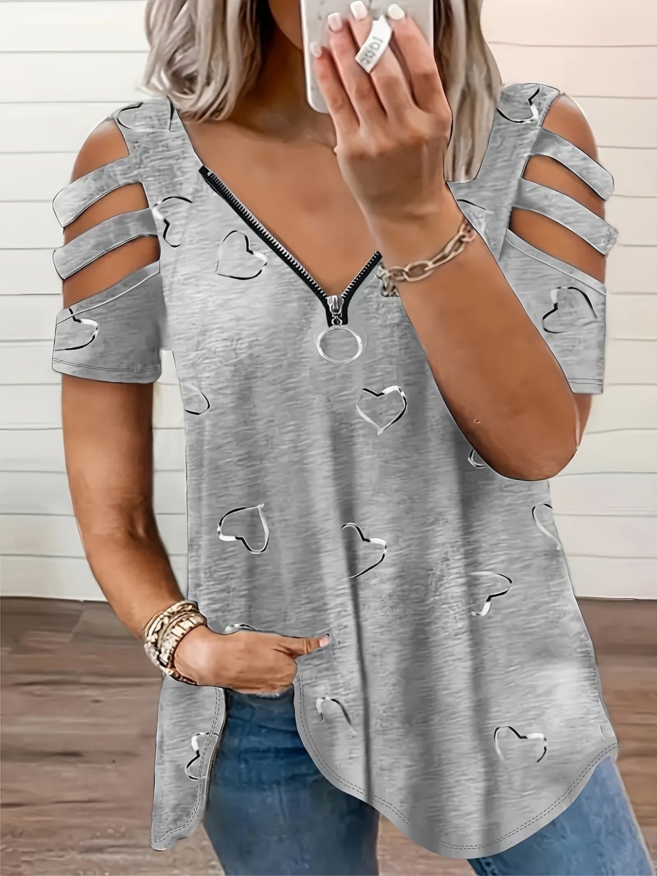 Caelia Zipper Heart Off-Shoulder Tee